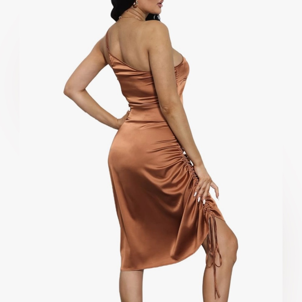 NWT - Women's Satin Dress Spaghetti Strap Drawstring Ruched Cocktail Evening - Picture 7 of 8